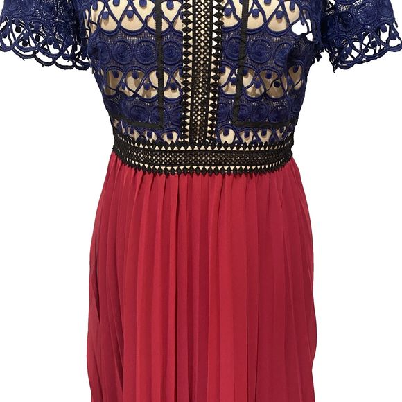 JAX Black Label Women's Short Sleeve Dress‎ Size 4 Lace Top Pleated Bottom - Picture 3 of 10